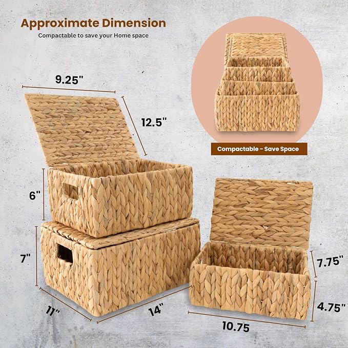 Wicker Storage Baskets with Lid, Set 3 Basket With Lid Decorative Storage - Image 2