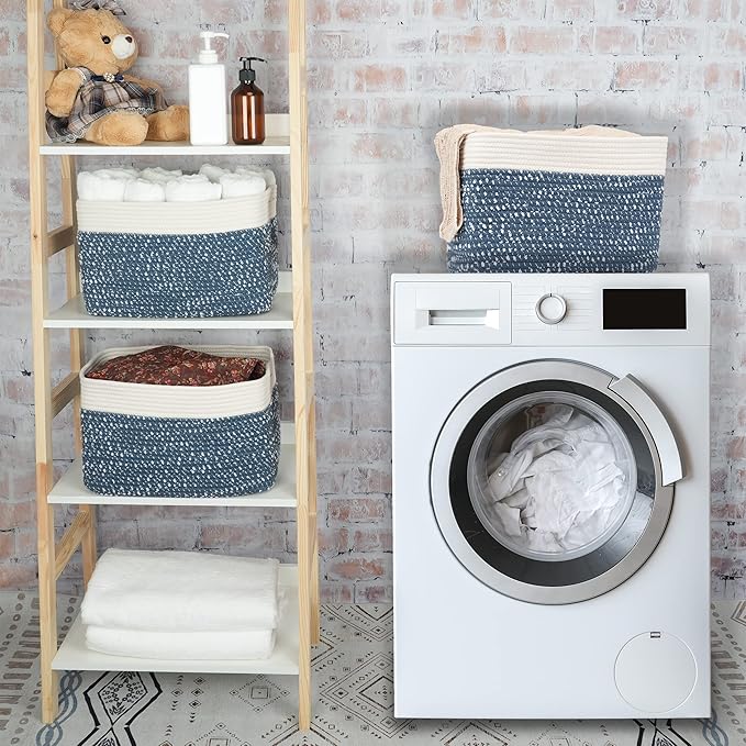 White and Blue Cotton Rope storage Basket Bins Woven Basket - Image 6