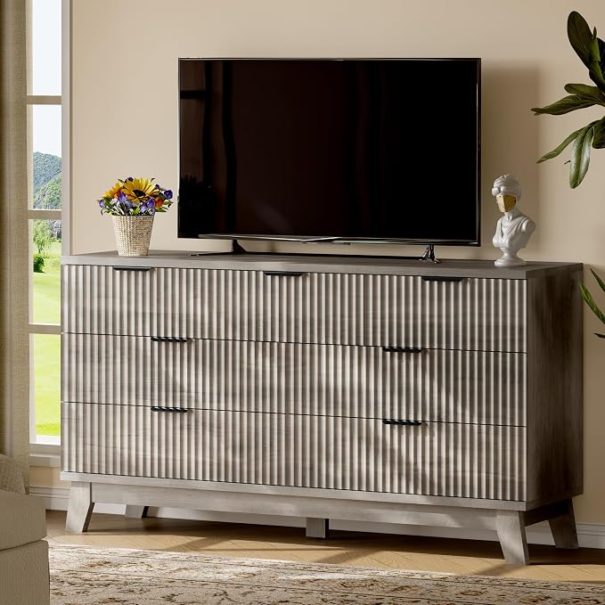 Fluted Dresser with 7 Drawers, Wooden Dresser TV Stand, Wood Closet Clothes