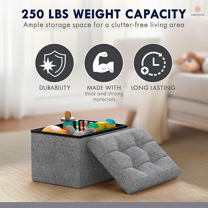 Ornavo Home Small Storage Ottoman Foldable Collapsible Rectangle Linen Ottoman - Image 7