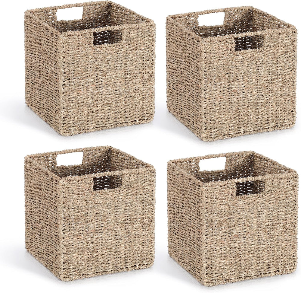 10.5 x 10.5in Seagrass Storage Baskets Set of 4, Cube Foldable Woven Storage ...