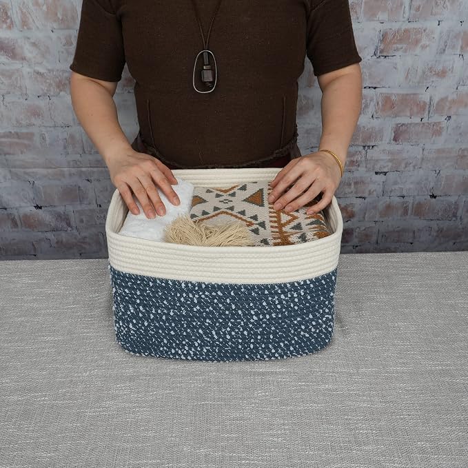 White and Blue Cotton Rope storage Basket Bins Woven Basket - Image 3