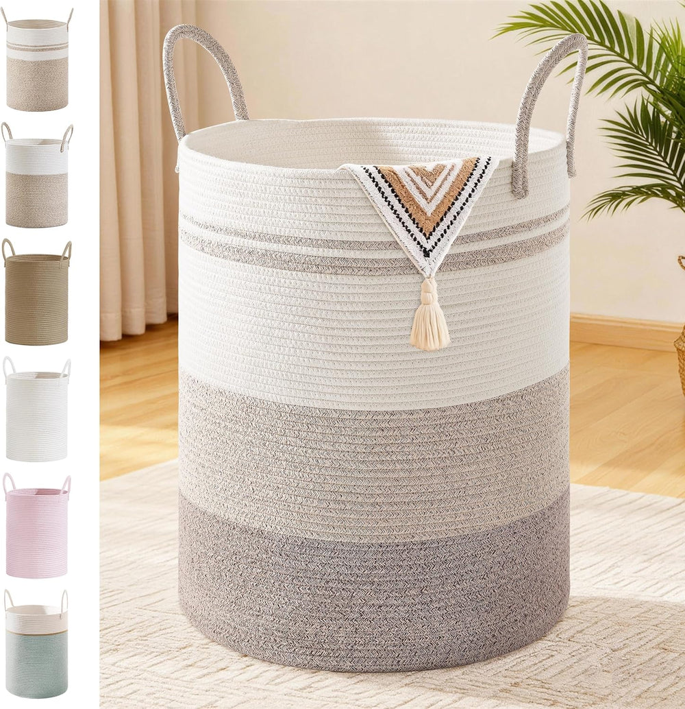 100L Extra Large Tall Cotton Rope Laundry Basket with Handle, Brown Striped