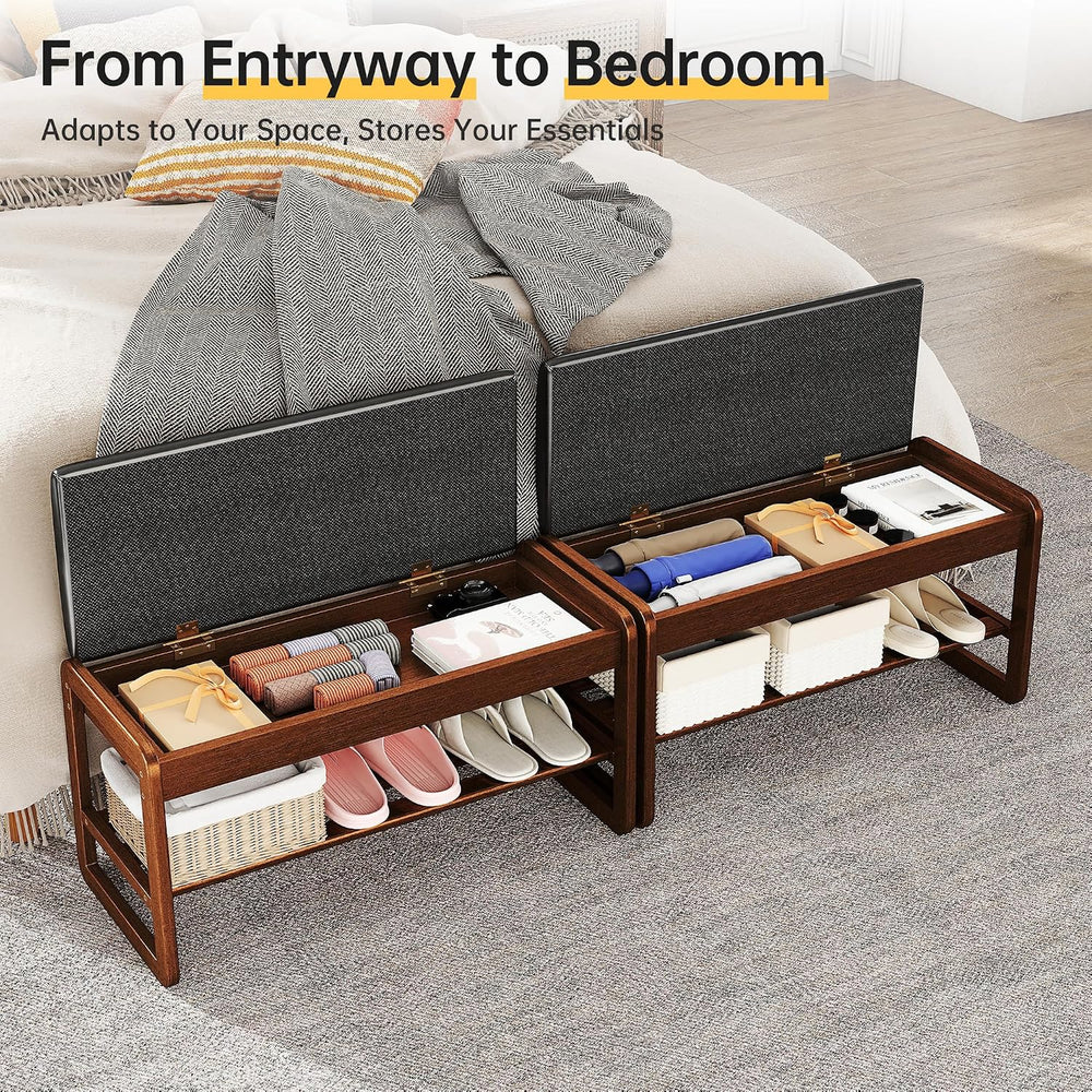 Shoe Rack Bench with Flip-Top Storage, Solid Rubberwood 2-Tier Shoe Organizer...
