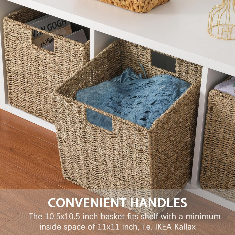 10.5 x 10.5in Seagrass Storage Baskets Set of 4, Cube Foldable Woven Storage ...