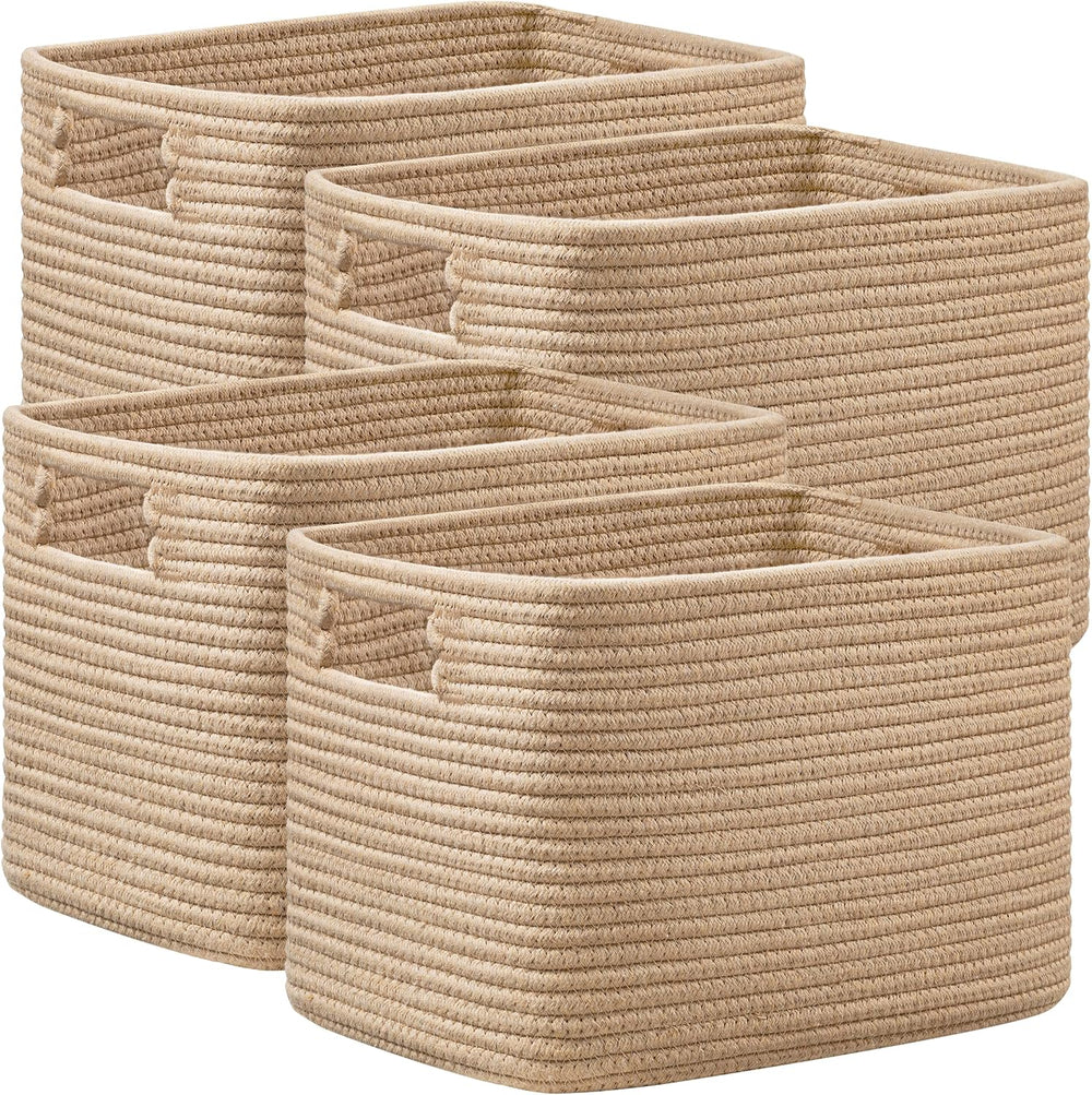4 Pack Storage Baskets for Organizing, Shelf Baskets with Handles, Brown
