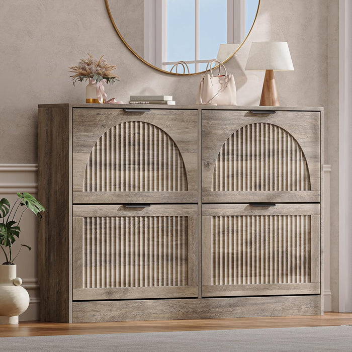 Fluted Shoe Storage Cabinet for Entryway, 4 Flip Drawers, Grey