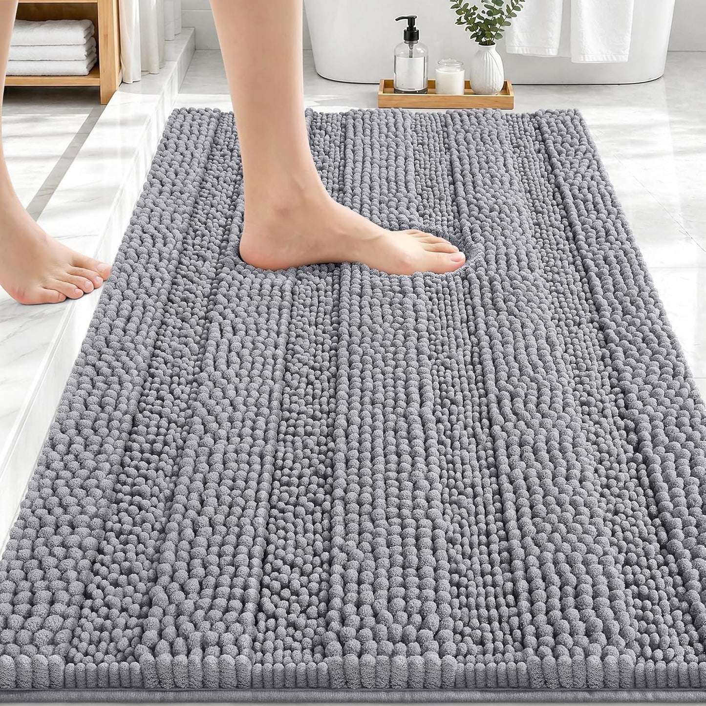 OLANLY Thick Bathroom Rugs 30x20, Extra Soft Absorbent Chenille Striped Bath Rugs, Rubber Backing, Machine Wash Dry, Bath Mats for Bathroom Floor, Tub and Shower, Home Decor Accessories, Grey