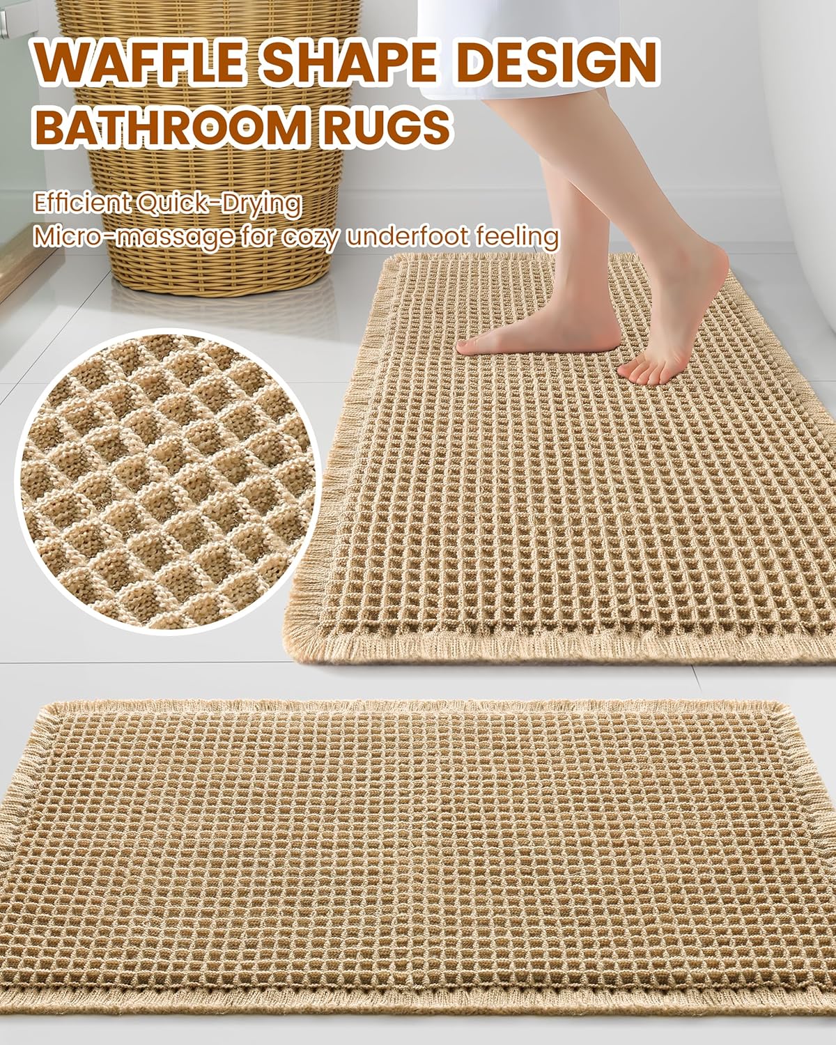 Smiry Waffle Bath Mat 30x20, Extra Soft Absorbent Bathroom Rugs, Non Slip Machine Washable Quick Dry Bath Rugs for Bathroom Floor, Tub, Shower, Home Decor Accessories, Brown