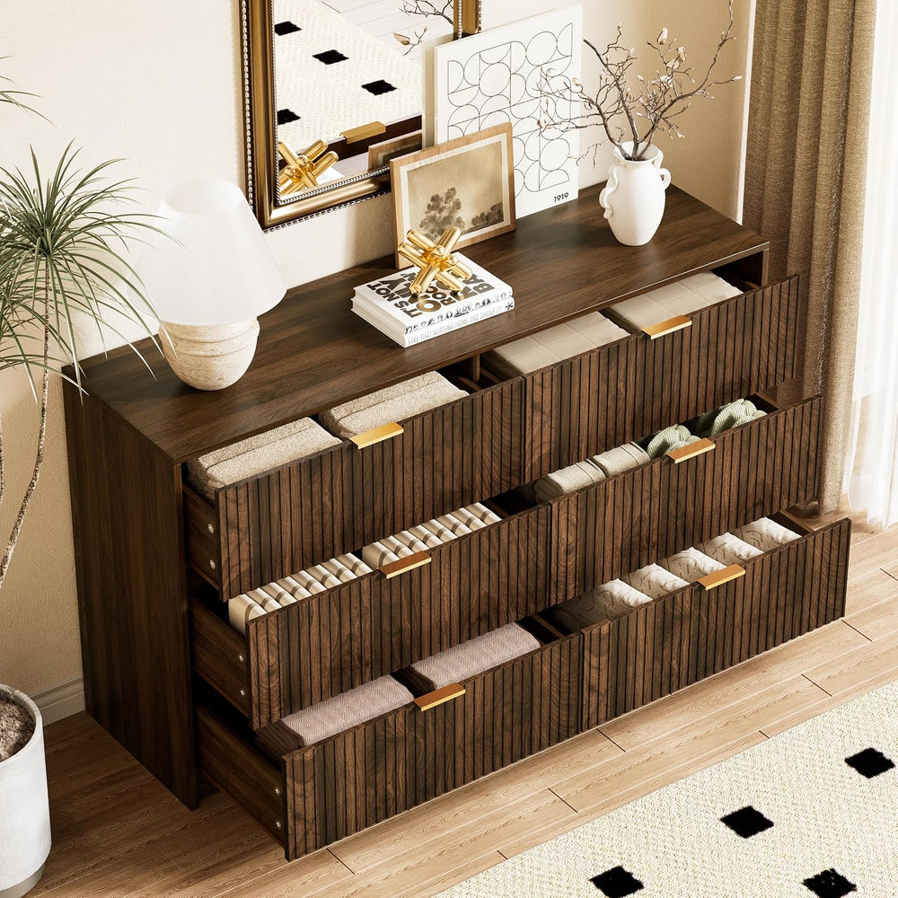 Furniway Walnut Dresser for Bedroom, Modern Dresser with 6 Drawers and Smooth...