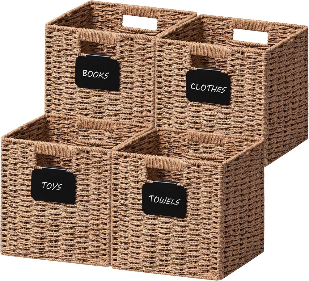 UBBCARE 4 Pack Small Wicker Basket, 9×9 Storage Cubes with Label, Foldable Cu...