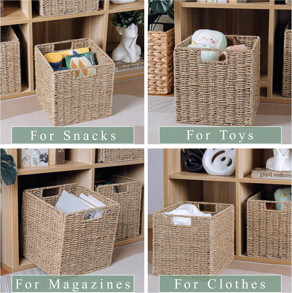 10.5 x 10.5in Cube Seagrass Storage Baskets, Foldable Square Wicker Storage B...