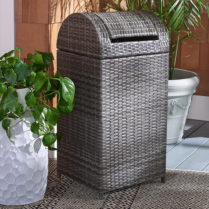 SAFAVIEH Outdoor Collection Mazeli Grey Brown Woven Swing Top Dome Lid Trash - Image 3