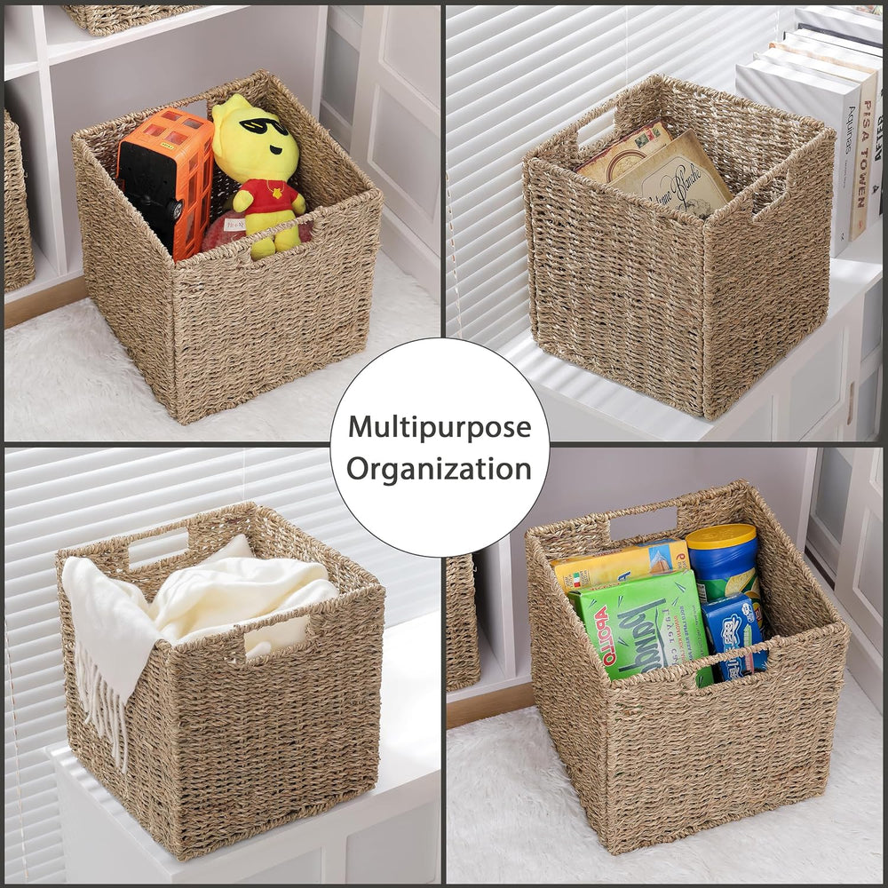 10.5 x 10.5in Seagrass Storage Baskets Set of 4, Cube Foldable Woven Storage ...