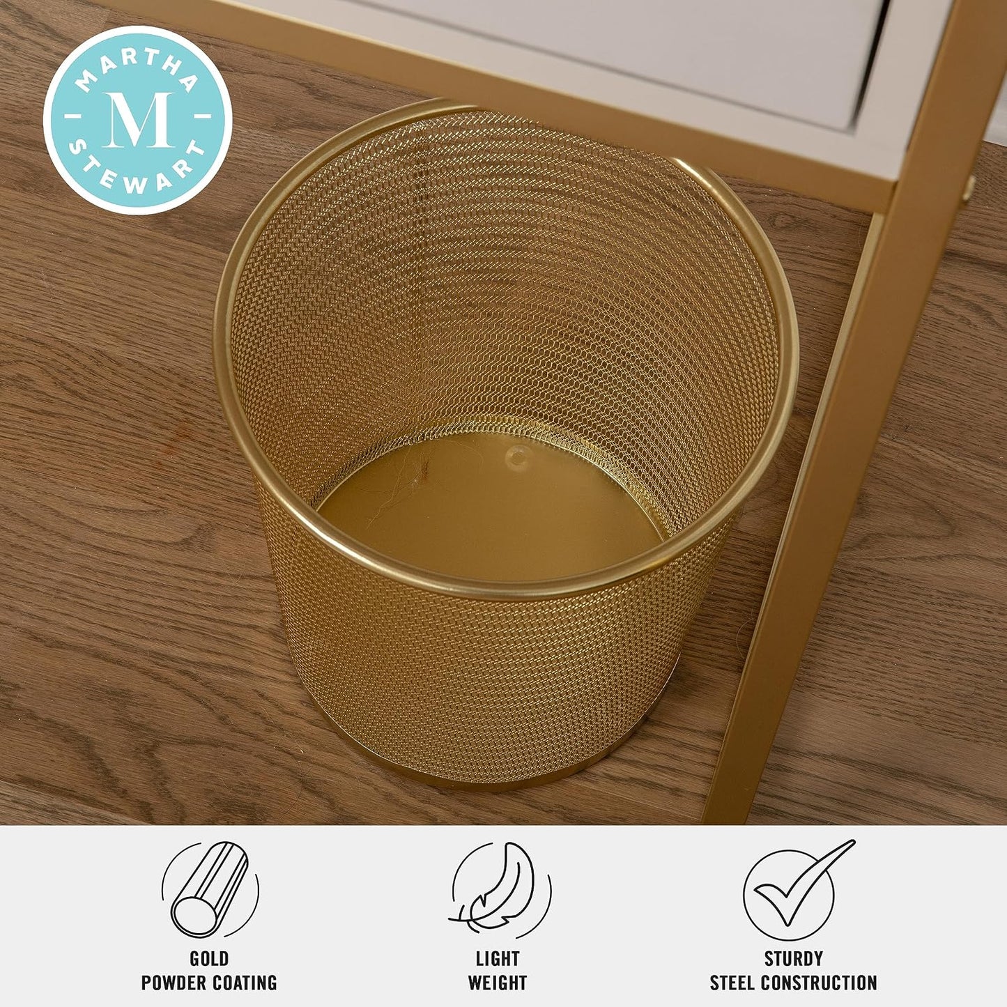 Martha Stewart Ryder 4.5 Gallon Mesh Metal Wastebaskets, Gold, 2-Pack | Steel Mesh, Gold Finish