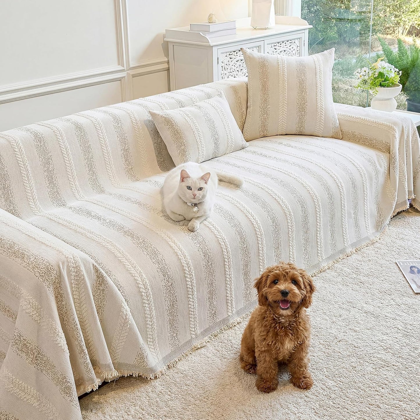 Couch Cover for Dogs Washable Sofa Cover, Sectional Couch Covers, Sofa Covers for 2 Cushion Couch, Non Slip Stripe Sofa Slipcovers Furniture Protector (Beige, 71x102)