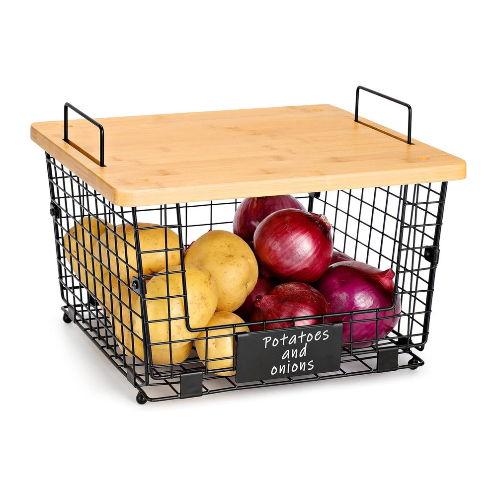 1 Set Stackable Wire Basket with Bamboo Top - Kitchen Counter, Pantry Organiz...