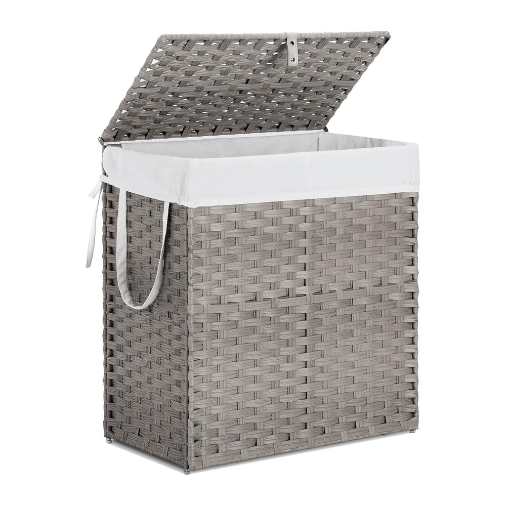 110L Laundry Hamper with Lid, Hand-Woven Pp Rattan Laundry Basket with Compar...