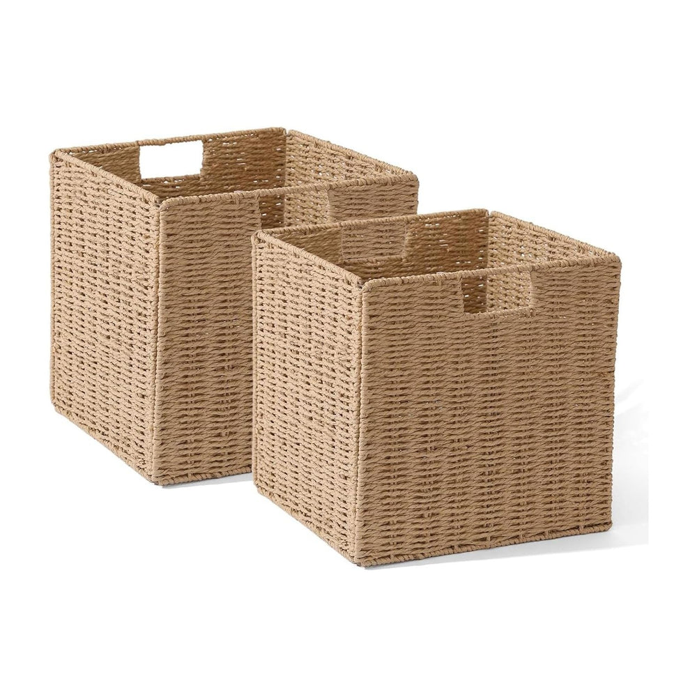 12x12x12in Wicker Storage Baskets for Shelves, Set of 2 Hand-Woven Paper Rope...