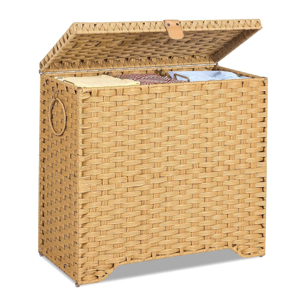 130L Wicker Laundry Hamper with Lid, 3-Section Laundry Basket