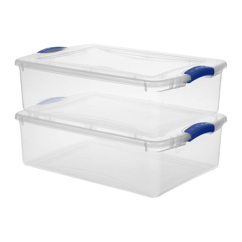 (2 Pack) 32 Quart Clear Plastic Storage Bins with Lids and Blue Latches, Stac...