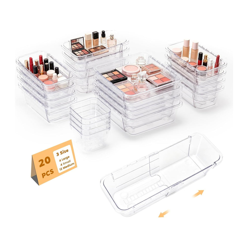 20PCS Clear Drawer Organizer Set, Expandable Acrylic Vanity Storage Bins, 2 S...