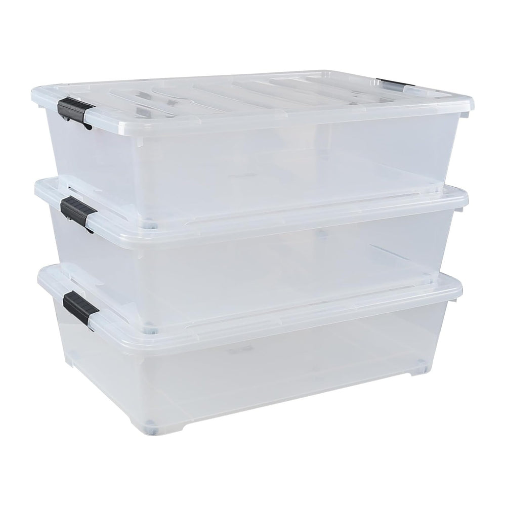 3-Pack Large Clear Plastic Underbed Container with Wheels, 50 L