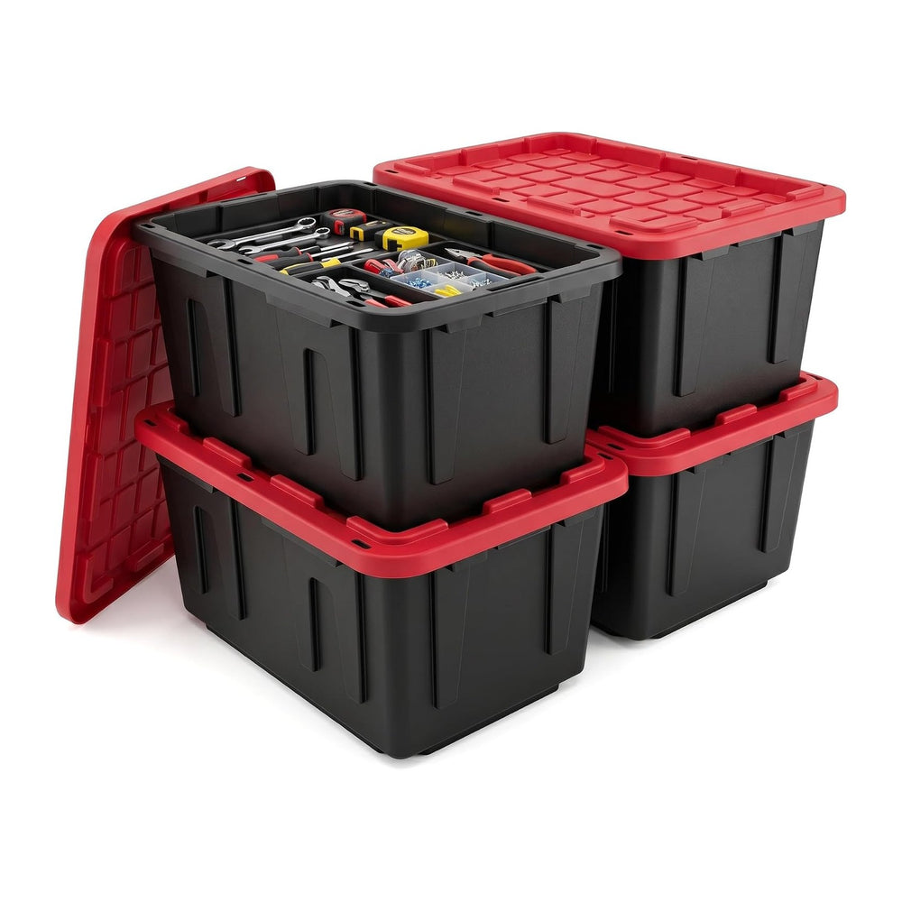 4‑Pack 27 Gallon Stackable Storage Bin, Locking Red Lid Black Body