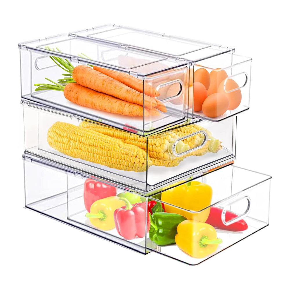 4 Pack Clear Storage Drawer Set, Stackable Fridge Drawer Organizer Fruit