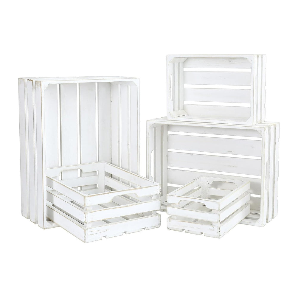 5-Piece Rustic White Wooden Crates Set, Wall Mountable Slatted Storage Crates...