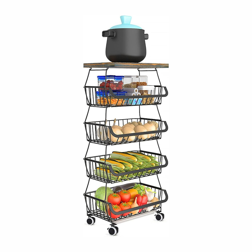 5-Tier Rolling Pantry Floor Organizer with Wheel Stackable Fruit Vegetable St...