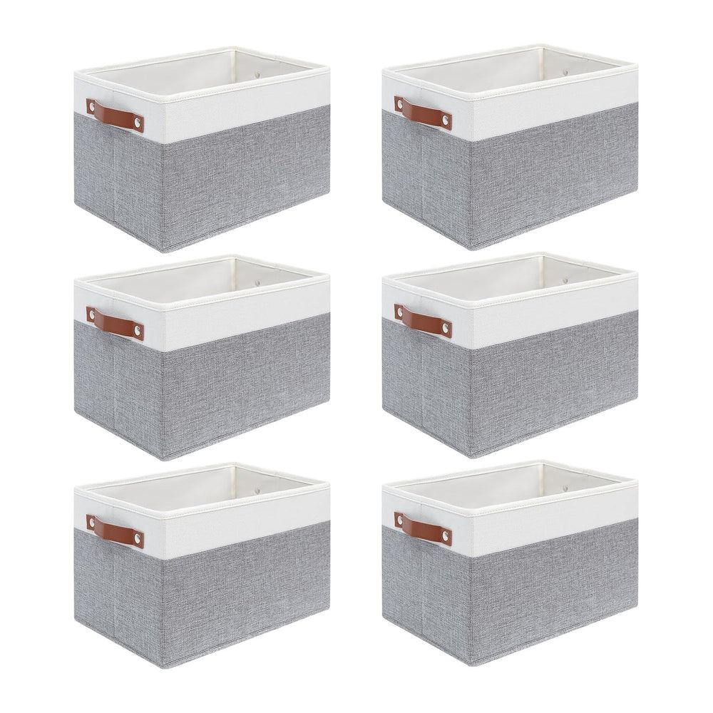 6 Pack Fabric Storage Baskets with Handles (White with Grey,15" L*10.2&q...