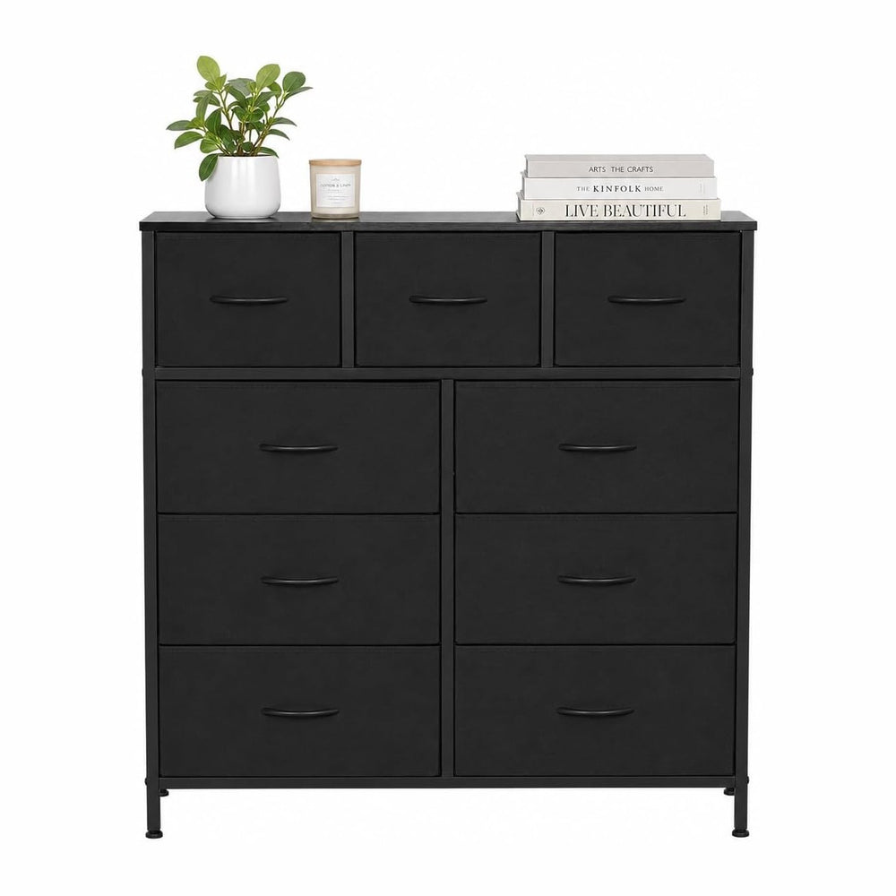 9-Compartment Storage Cabinet with Fabric Bins and Steel Frame, Black