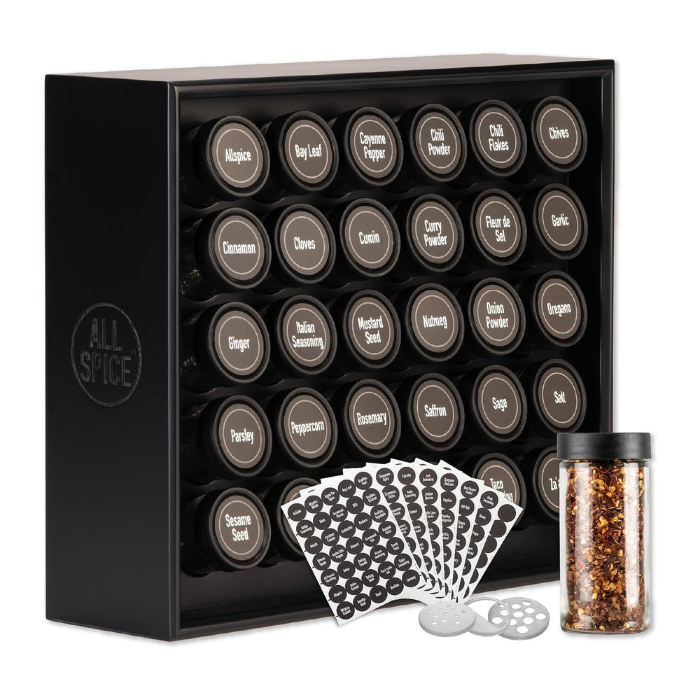 AllSpice Spice Rack Organizer, 525 Unique Labels, Countertop or Wall Mount
