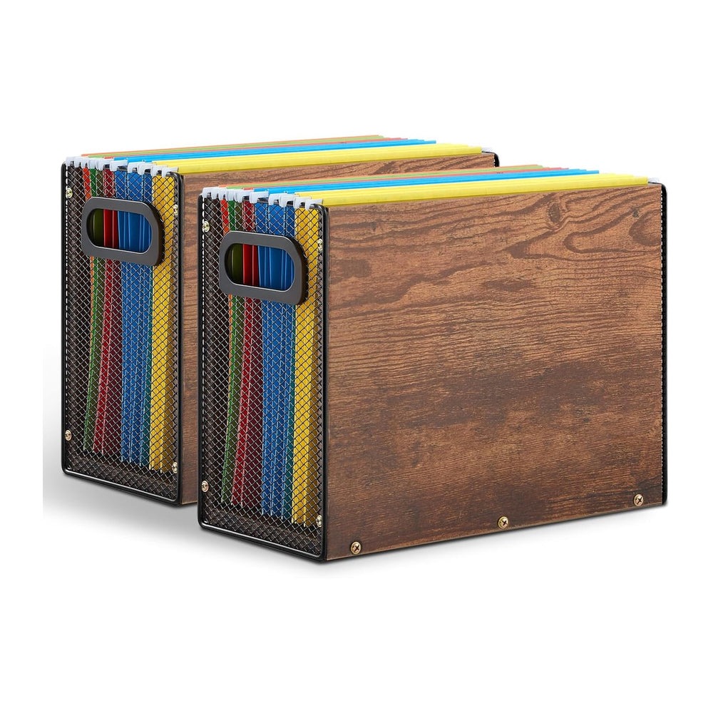 AmazingSpark Wooden Hanging File Organizer Box with Handles, 2 Pack