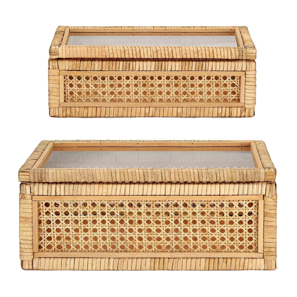 Amyhill Set of 2 Rattan Decorative Box with Glass Lid Rectangular Natural Wov...