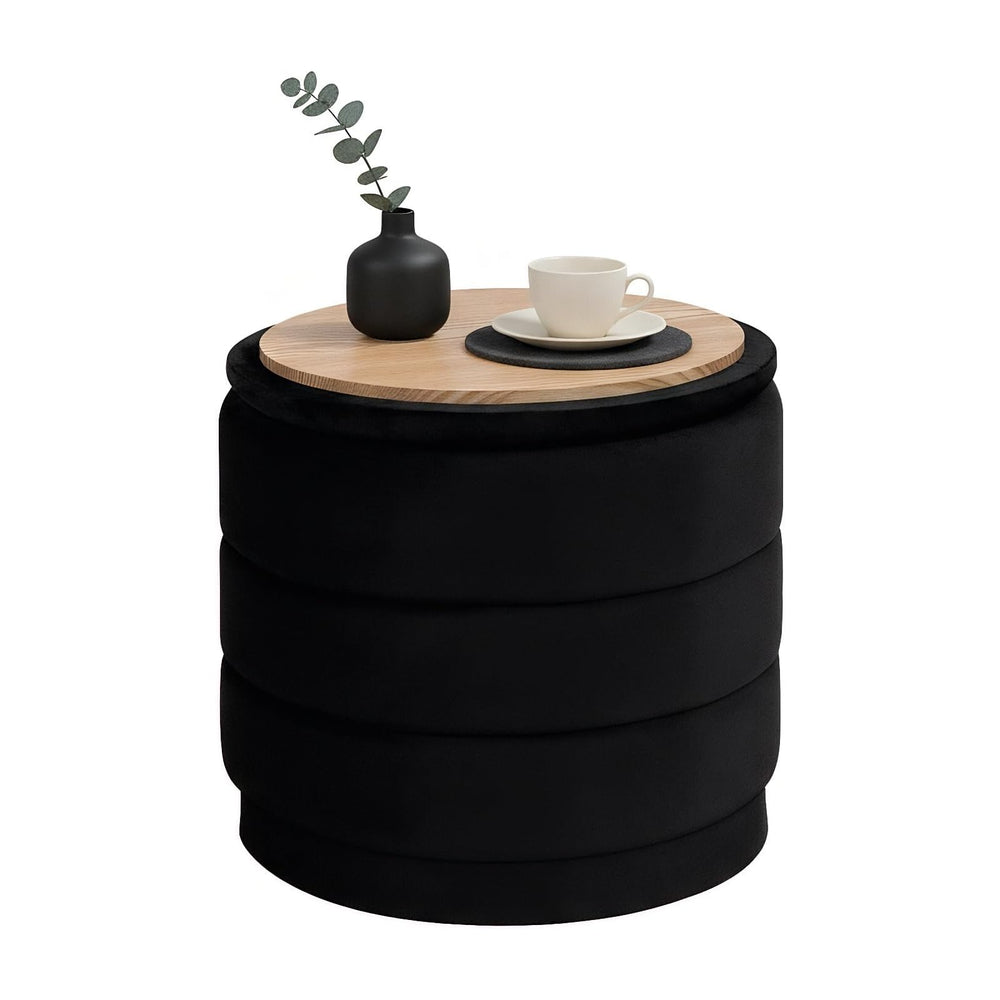 B FSOBEIIALEO 15.4" Round Velvet Storage Ottoman with Tray, Black