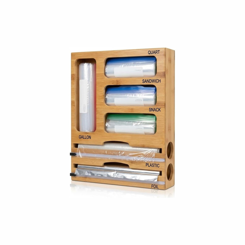 Bag Storage Organizer for Kitchen Drawer and Plastic Wrap Dispenser with Cutt...