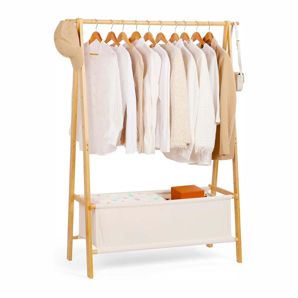 Bamboo Clothes Rack with Storage Box, Portable Extra Large Garment Rack Cloth...