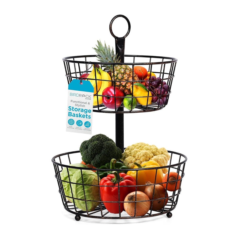 BIRDROCK HOME 2 Tier Wire Fruit Basket | Round Metal Standing Baskets | Fruit...