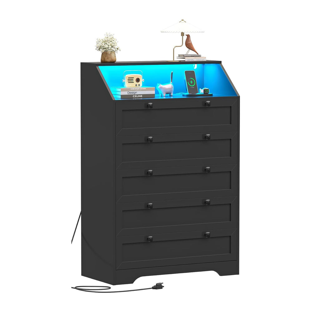 Black Dresser Tall 5 Drawer Dresser for Bedroom, Wood Chest of Drawers with L...