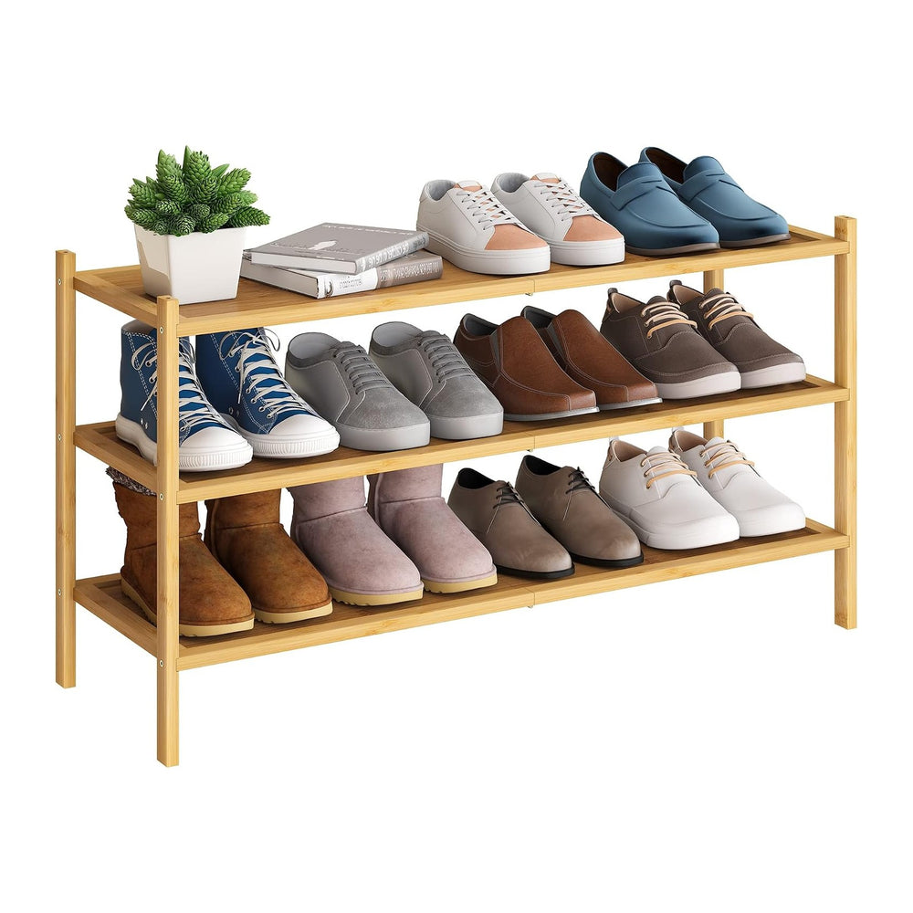 BMOSU 3-Tier Bamboo Extended Shoe Rack Premium Stackable Shoe Shelf Storage O...