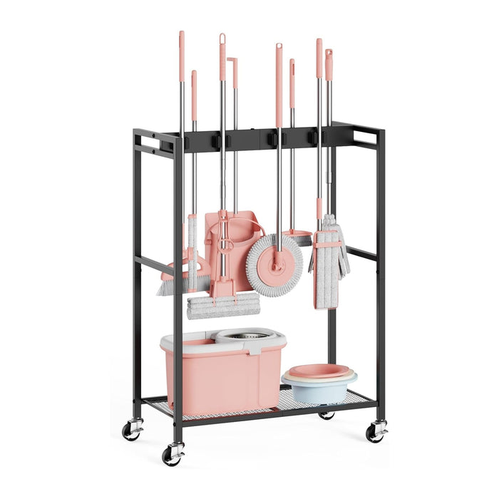 Broom and Mop Holder, MUNNAR Broom Closet Storage Cabinet, Cleaning Cart with Broom and Mop Hanger, Janitorial Cart with Wheels for Household, Laundry Room Organization