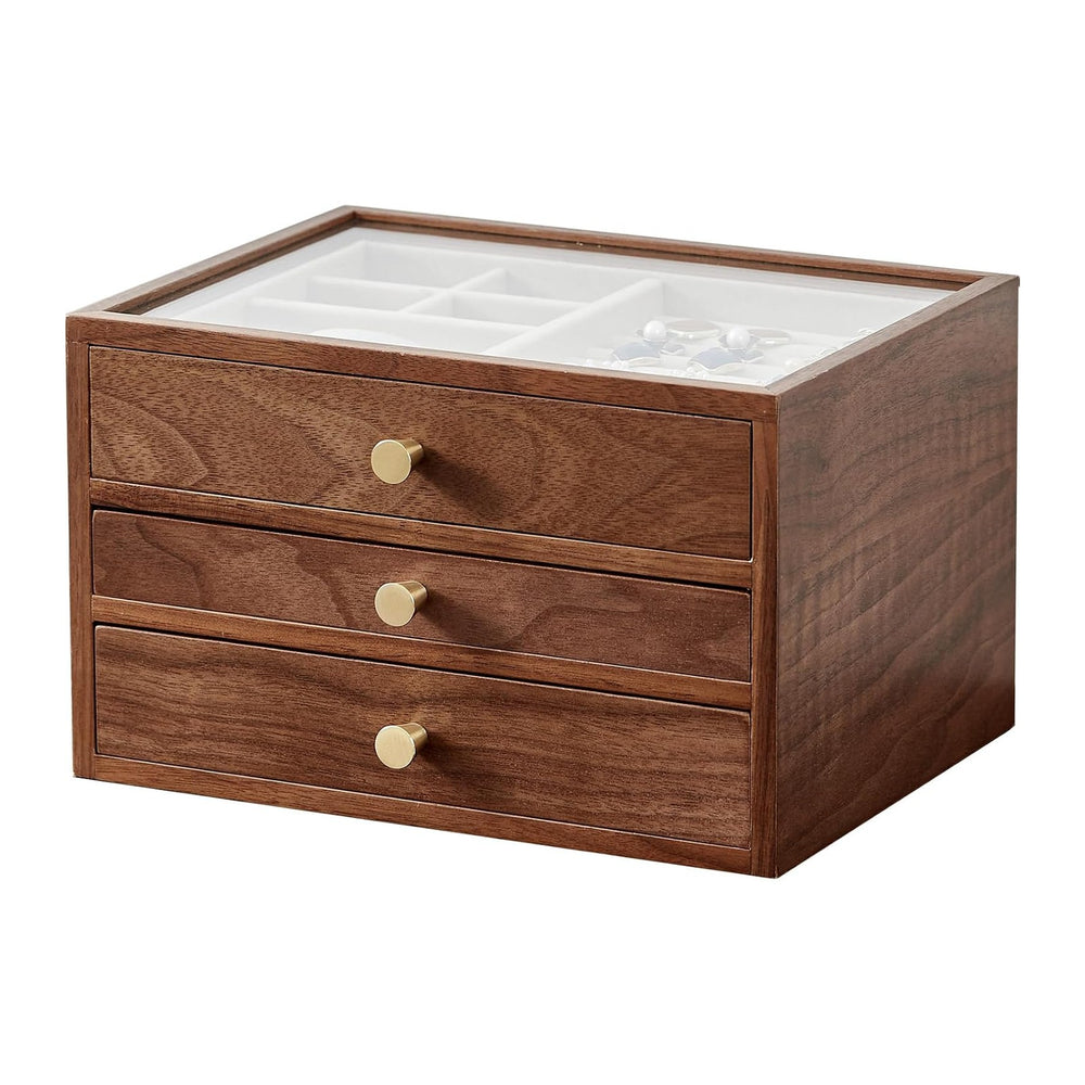CHOSIN Black Walnut Jewelry Box Wood for Women with Glass Lid, 3 Layer
