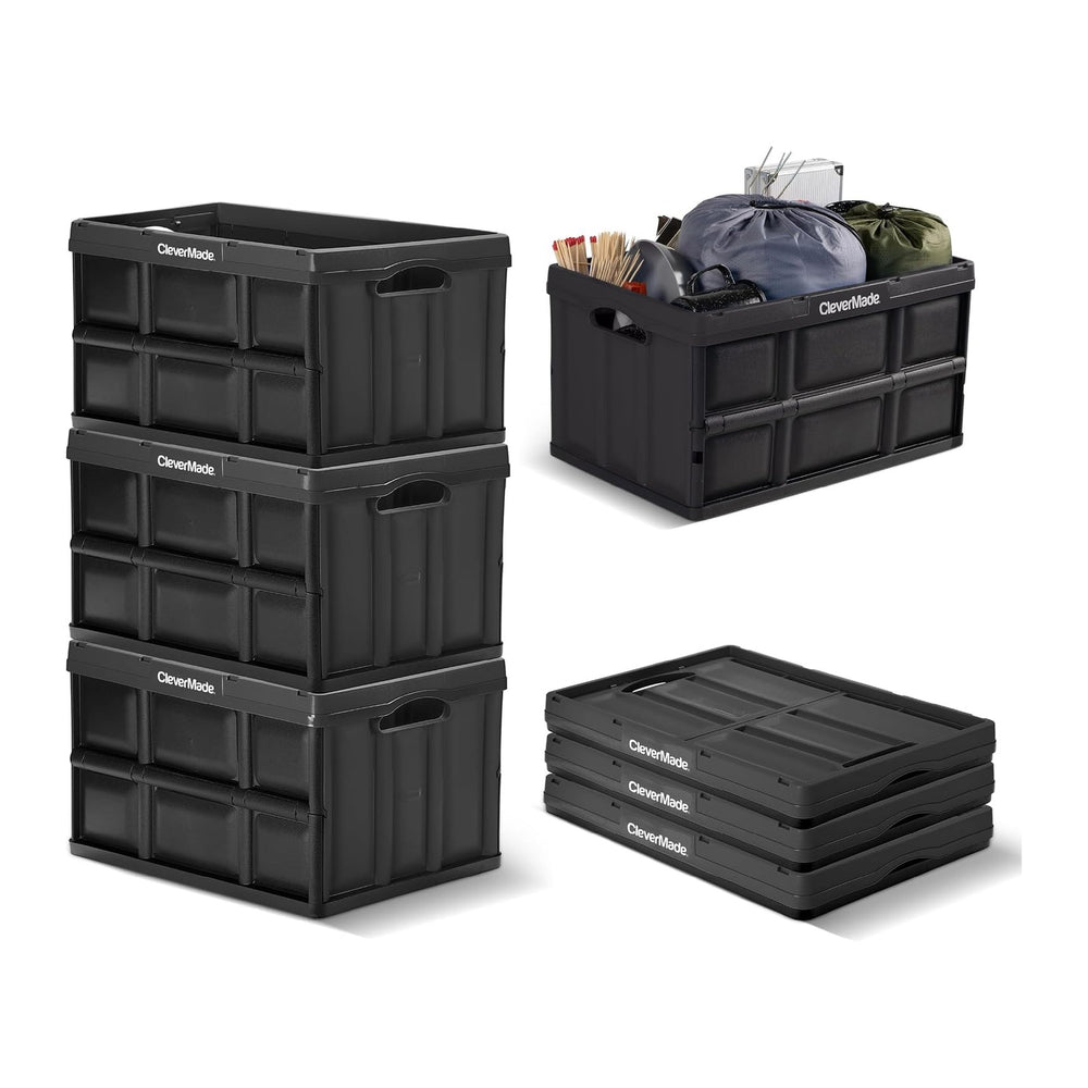 CleverMade Collapsible Storage Bins, 62L 3 Pack, 100 lb Stackable, Obsidian