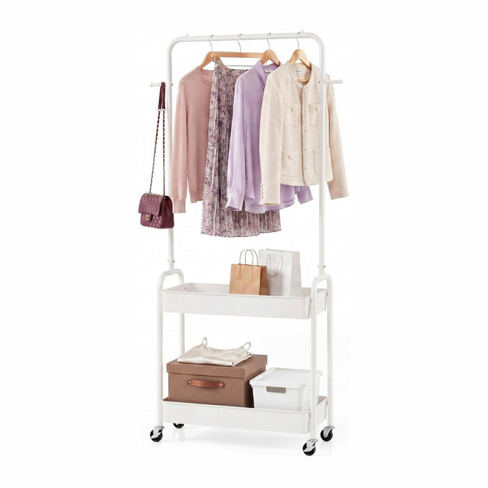COSTWAY 3 in 1 Rolling Metal Clothes Rack with 2 Baskets & Hooks (White)