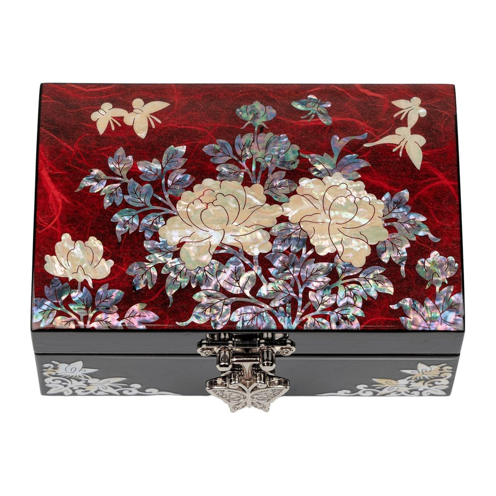 February Mountain Korean Mother of Pearl Jewelry Box – Red Floral Peony Desig...