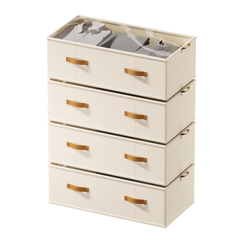 FHSQX 4 Pack Under Bed Storage Bins,10 Inch Tall,Beige, 31.5x15.8x10 inch