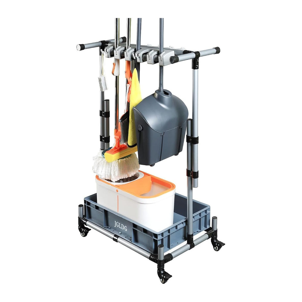 Freestanding Mobile Cleaning Tool Storage Rack, Mop and Broom Holder