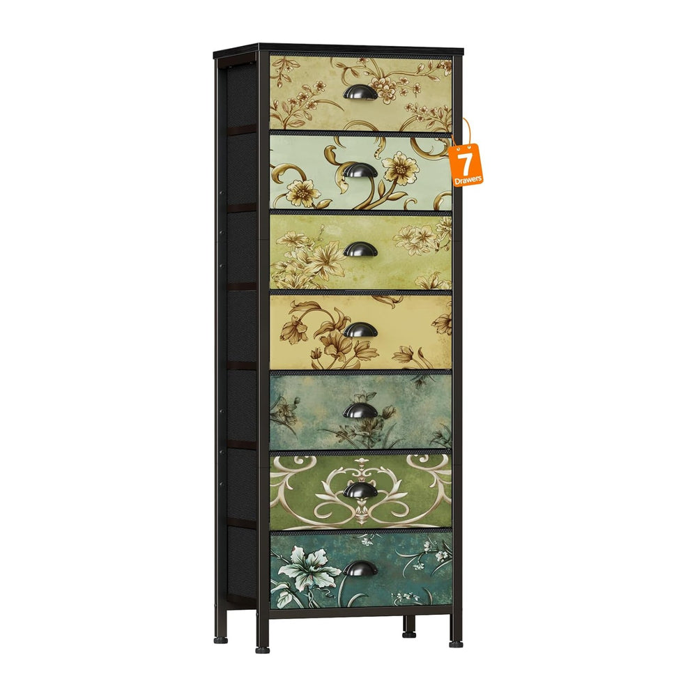 Furnulem 7 Drawer Tall Dresser for Bedroom, Vintage Fabric Chest of Drawers